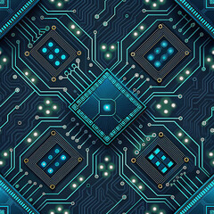 Futuristic Microchip on Digital Circuit Board with Glowing Blue Lines

