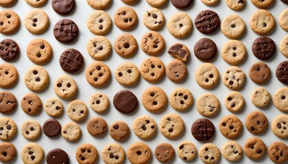 Obraz premium Overhead view captures a diverse array of cookies featuring chocolate chips and gourmet textures.