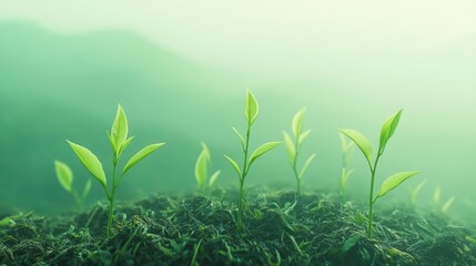 Fresh Green Seedlings Growing in Soil with Misty Background in Soft Natural Light