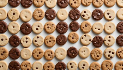 Obraz premium Overhead shot showcasing an array of freshly baked, chocolate chip cookies on a white surface.