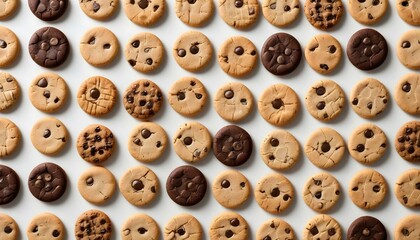 Obraz premium An overhead shot features an array of delicious chocolate chip cookies on a white backdrop.