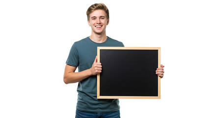 Smiling Young Man Holding Black Chalkboard – Isolated Studio Portrait on White Background