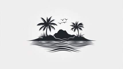 Black Silhouette of Tropical Island with Palm Trees, Birds, and Waves on White Background for Modern Design