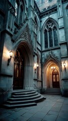 Fototapeta premium Moonlit Entrance to Arcane Academy, gothic architecture bathed in pale blue light, spectral orbs floating, evoking a mystical and enchanting atmosphere.