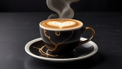 A steaming cup of coffee with a heart-shaped latte art, ready to be enjoyed at breakfast.