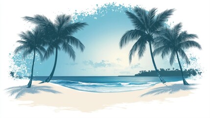 Fototapeta premium Serene Beach Scene with Palm Trees under a Tranquil Sky and Gentle Ocean Waves at Dusk