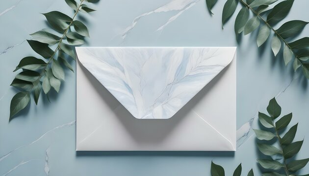 A white envelope with a lovely blue design and green leaves on a pastel blue marble surface.
