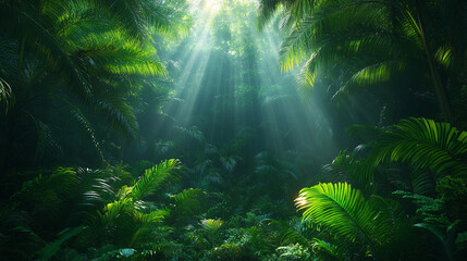 Sunbeams illuminate lush tropical jungle rainforest