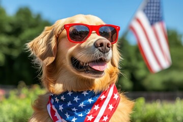 Patriotic golden retriever dog wearing sunglasses and bandana with american flag background outdoors 4th july 100