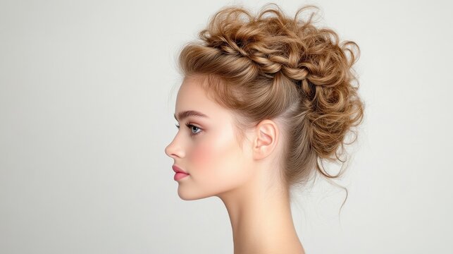 Elegant braided hairstyle.  Woman with a voluminous, braided updo