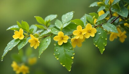Vibrant yellow flowers on a branch, glistening with water droplets, a fresh and natural scene.