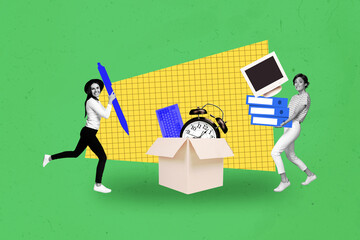 3d sketch poster trend collage of two happy business girls colleagues carry office supplies pen pc notepad alarm clock box keypad