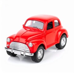 Bright Red Vintage Toy Car Model on White Background