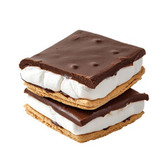 Two stacked, chocolate-covered graham cracker sandwiches filled with marshmallows, showcasing a sweet dessert treat.