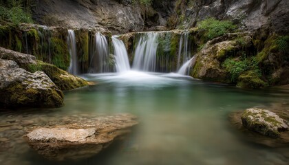 A long exposure waterfall photograph creates a smooth, silky water effect