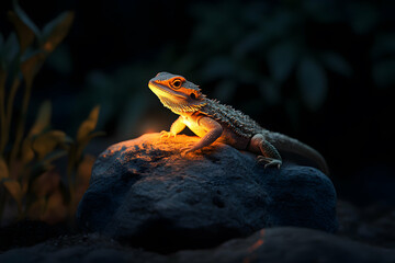 Bearded Dragon Lizard Basking in Soft Radiant Light on Rock