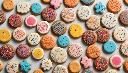A tempting collection of colorful, frosted cookies decorated with sprinkles and icing.
