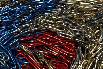 Colorful paperclips in a chaotic pile