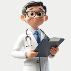 3D cartoon doctor clipboard with medical chart, white solid background