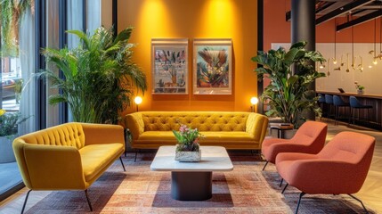 Obraz premium Modern, vibrant lobby with comfortable seating and tropical plants