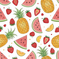 Seamless Pattern of Watermelons, Pineapples, Strawberries, and Citrus Fruits on White Background

