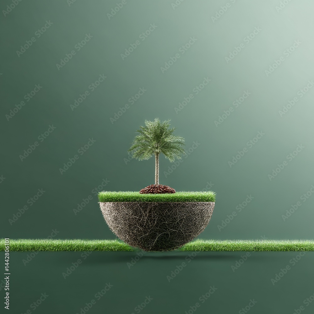 Poster surreal green still life: palm tree on a floating island of roots and grass, tranquil minimalist com