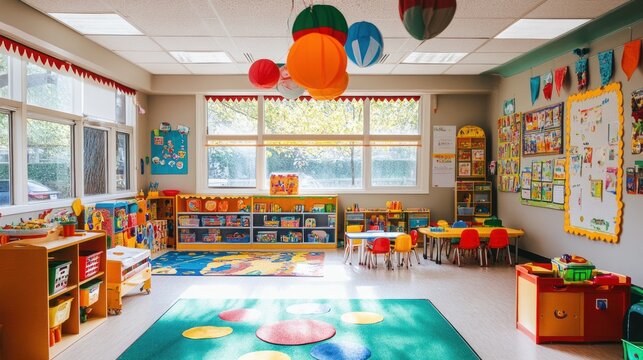 Bright, colorful preschool classroom with engaging learning environment.  Spacious, well-organized, and stimulating play area.  Colorful decorations and educational resources fill the space. 