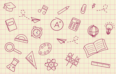 Vector doodle icon collection of essential school supplies drawn with a pen on a grid notebook background. Features books, pens, erasers, rulers, and more. Great for educational printables, web design