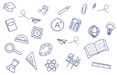 Vector doodle icon collection of essential school supplies drawn with a pen. Features books, pens, erasers, rulers, and more. Great for educational printables, web design, and student planners.
