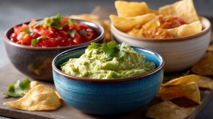 Three colorful bowls sit on a rustic wooden board, showcasing creamy guacamole, fresh salsa, and zesty dip, surrounded by crispy tortilla chips. Perfect for sharing at gatherings