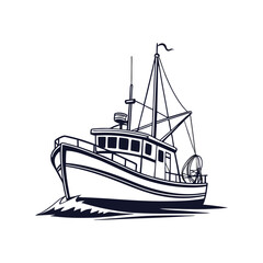 Fishing Boat Silhouette Vector, Nautical Icon, Marine Vessel Line Art