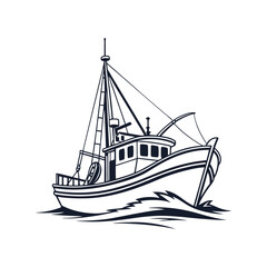 Fishing Boat Silhouette Vector, Nautical Icon, Marine Vessel Line Art