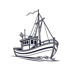 Fishing Boat Silhouette Vector, Nautical Icon, Marine Vessel Line Art