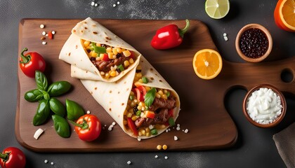Delicious Burrito with Toppings on a Wooden Board