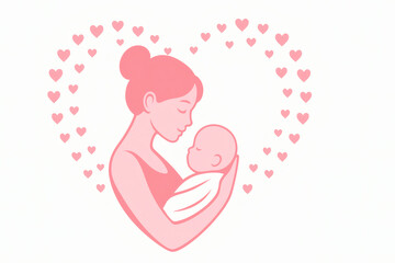 Tender Mother Holding Newborn Baby Surrounded by Heart Symbols &ndash; Minimalist Pink Illustration for Mother's Day, Parenting, and Family Love Themes