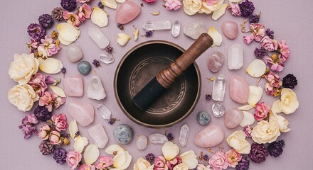 Top view of singing bowl surrounded by flower petals and crystals