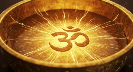 Golden bowl with floating Om symbol and radiating energy lines