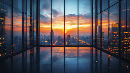 Fototapeta premium stunning cityscape view at sunset, showcasing reflective high rises and vibrant colors