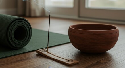 Singing bowl near incense and yoga mat in calming scene