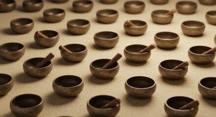 Pattern of small singing bowls on soft beige background
