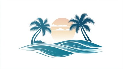 Obraz premium Tropical sunset scene with palm trees and gentle ocean waves in a serene beach landscape