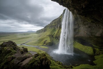 Obraz premium Visitors can walk behind the curtain of water at Seljalandsfoss, a unique Icelandic wonder