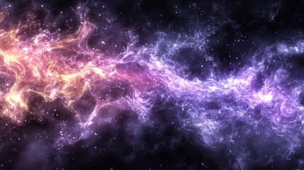 Naklejka premium A vibrant cosmic scene depicting swirling nebulae in shades of purple and orange.