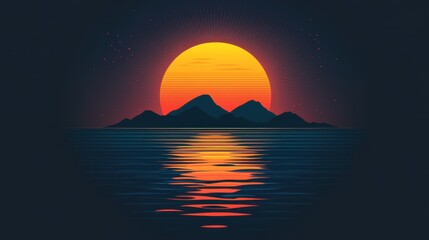 Fototapeta premium Vibrant Sunset Over Mountains and Calm Ocean with Reflections and Radiant Sky Colors