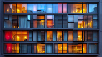 Modern facade of high rise building with colorful illuminated windows at dusk