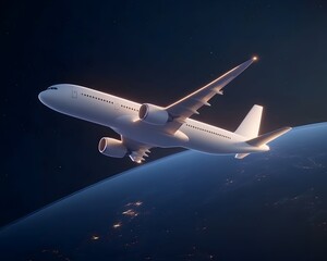 Obraz premium A passenger jet ascends above a night-lit Earth, its wings glowing softly against the dark expanse of space