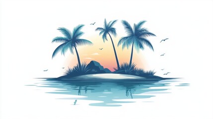 Obraz premium Serene Tropical Island with Palm Trees and Calm Waters at Sunset in a Minimalist Style