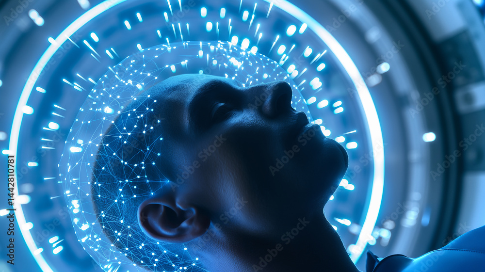 Aufkleber This human head with a glowing neural network symbolizes advanced memory upload technology.
