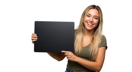 Naklejka premium Smiling Woman Holding Black Chalkboard – Isolated Studio Portrait on White Background