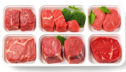 Assorted cuts of fresh red meat, broccoli, and herbs in a white tray